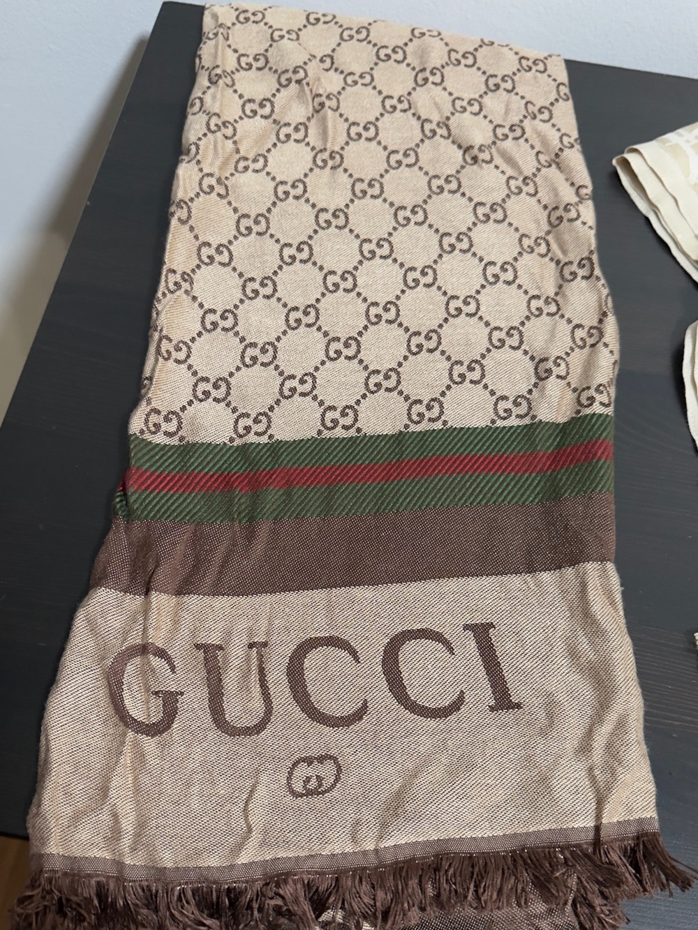 Gucci Beige & Brown GG Logo Scarf with Green-Red Stripe